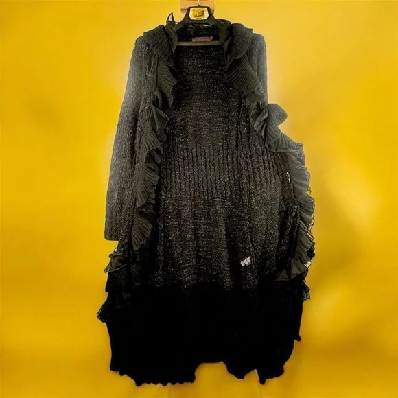 Pretty Angel Y2K Elegant Black Ruffled Crocheted V-Neck Sweater Dress M Linen - Picture 2 of 7